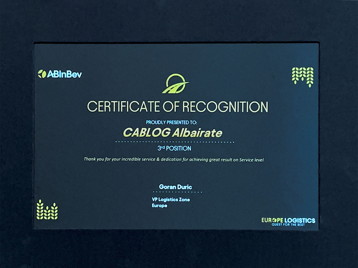 Certificate of Recognition Cab Log